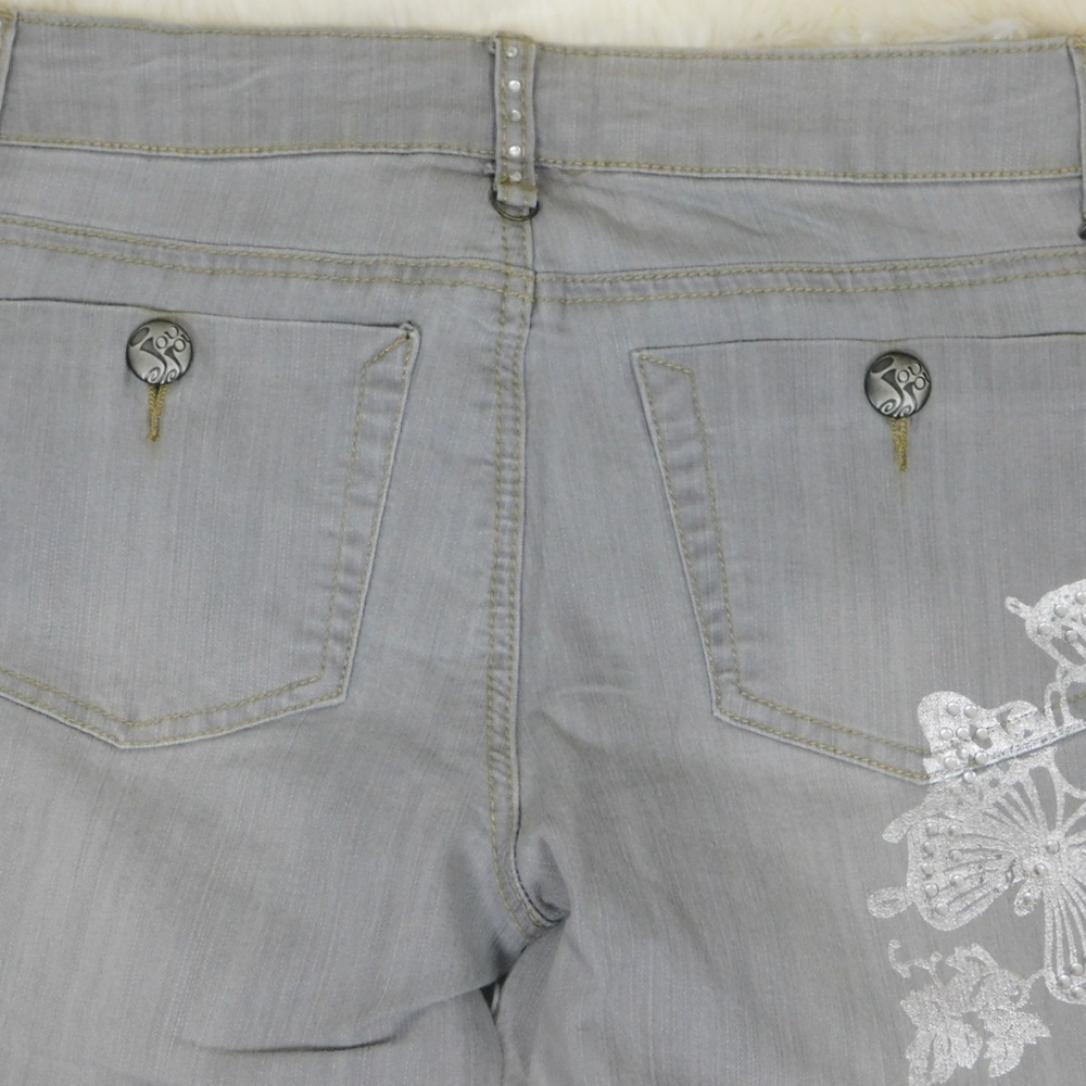 Jou Jou Women Y2K Skimmer Cropped Jeans Size 7/8 Foil Butterfly Rhinestone Gray - Picture 3 of 8